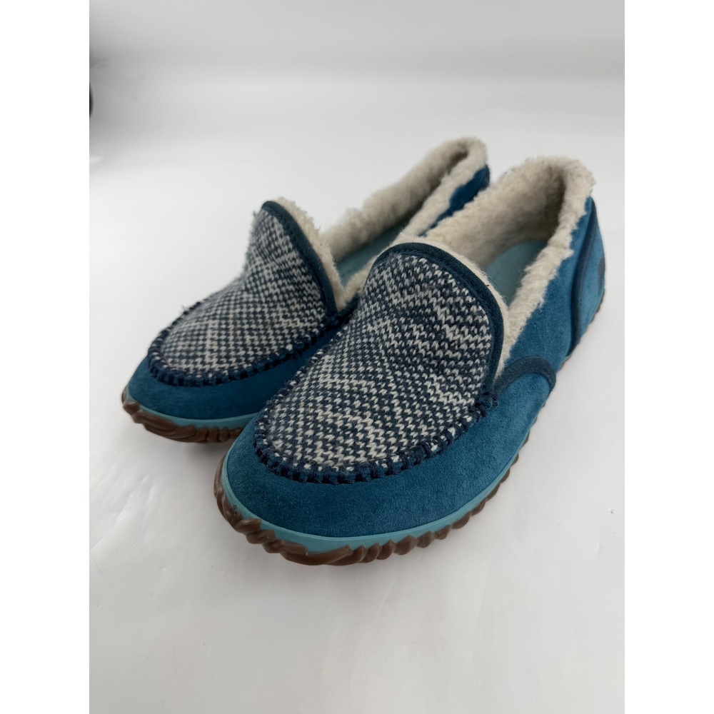 Sorel Tremblant Moc Blue Suede Knit Faux Fur Slippers Womens 11 NL2121-462